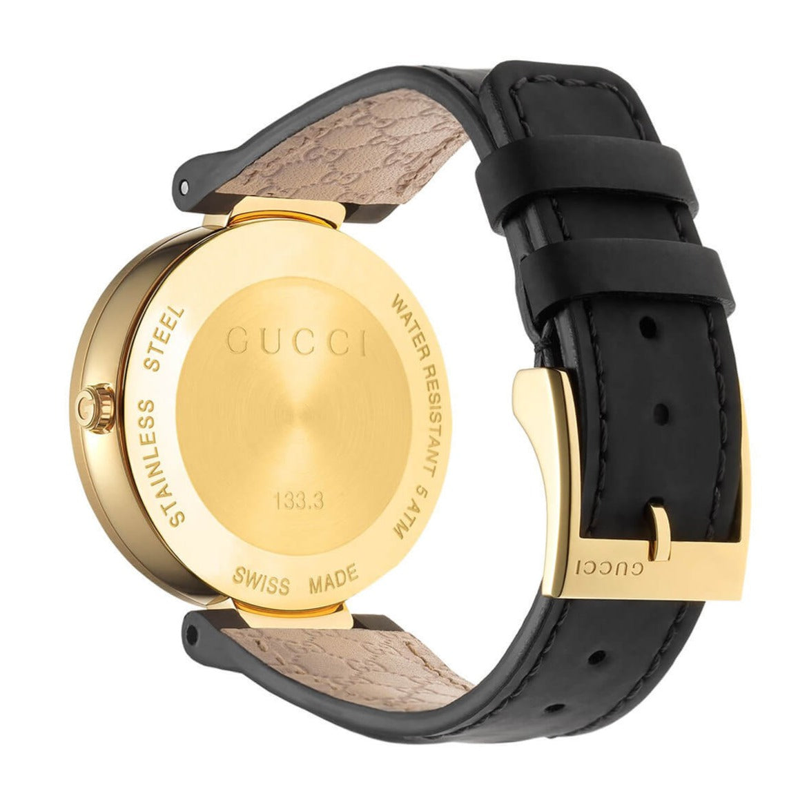 Gucci Interlocking watch caseback revealing Swiss made movement and engraved model reference