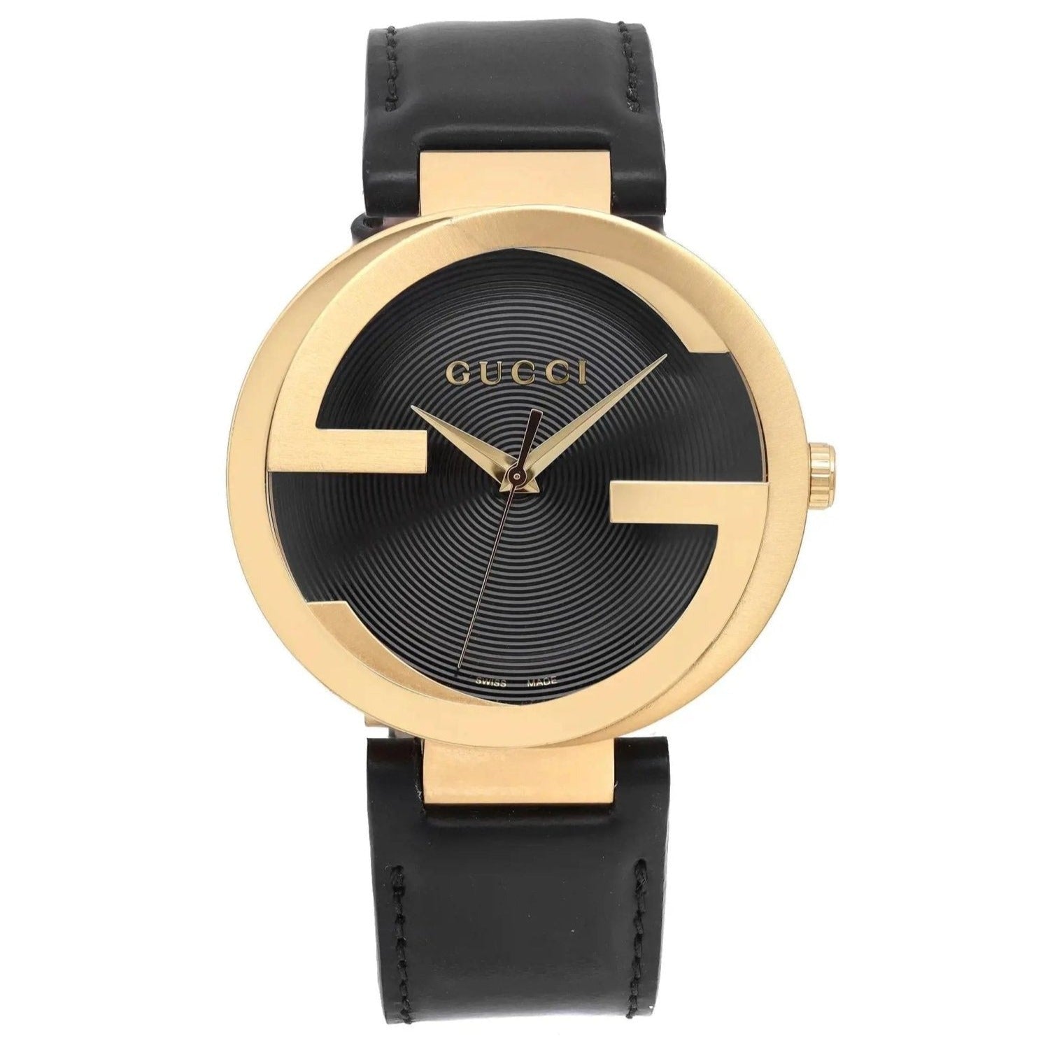 Gucci Interlocking watch with gold-tone case, black interlocking G bezel, black dial, and black leather strap