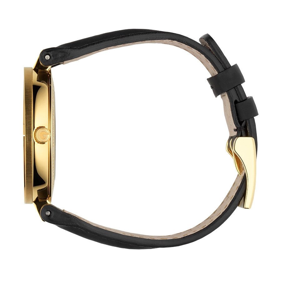 Gucci Interlocking watch side view showing black leather strap with gold-tone buckle clasp