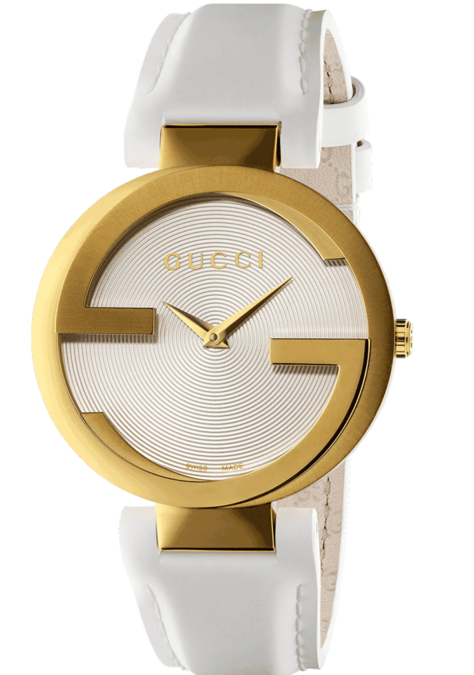 Gucci Interlocking women's watch with gold case, white dial, and white leather strap