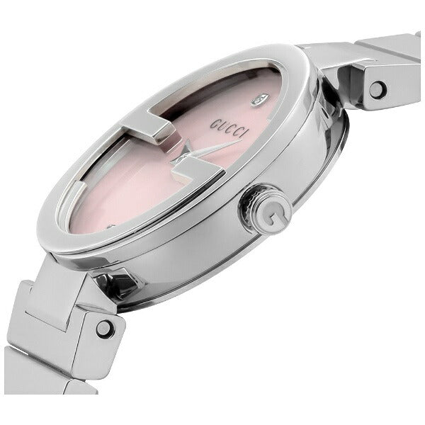 Side angle view of Gucci Interlocking watch showing chrome bezel and stainless steel case
