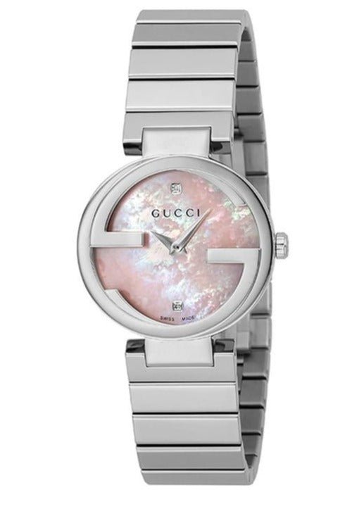 Gucci Interlocking dress watch with pink mother-of-pearl dial and stainless steel bracelet