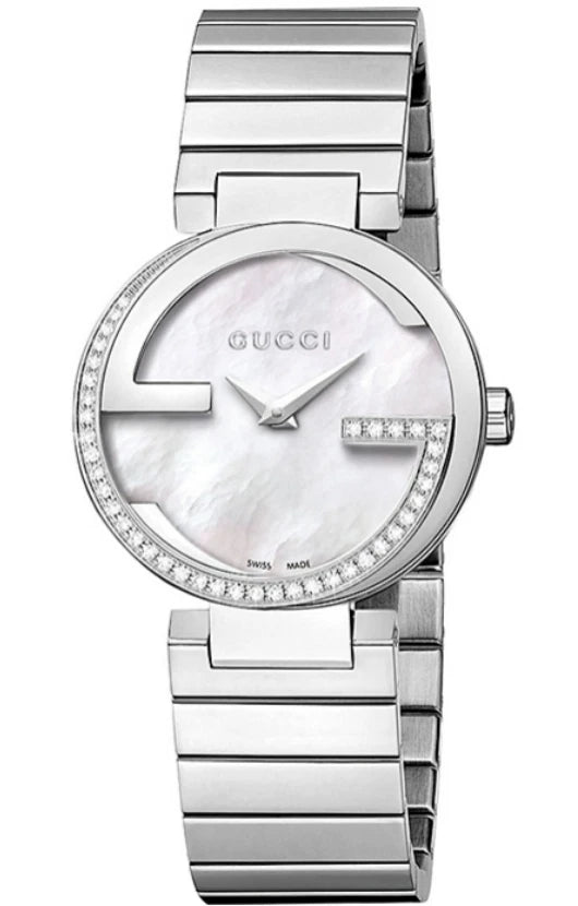Gucci Interlocking women's luxury watch with silver stainless steel case, diamond bezel, mother-of-pearl dial and matching bracelet