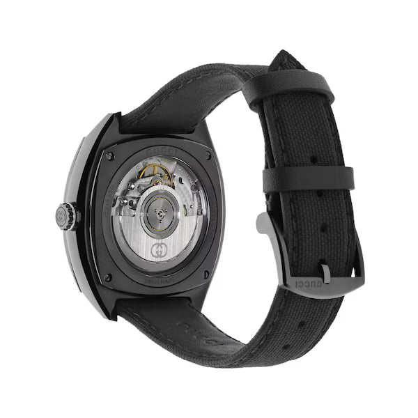 Gucci Interlocking G automatic watch caseback showing visible movement and GG logo
