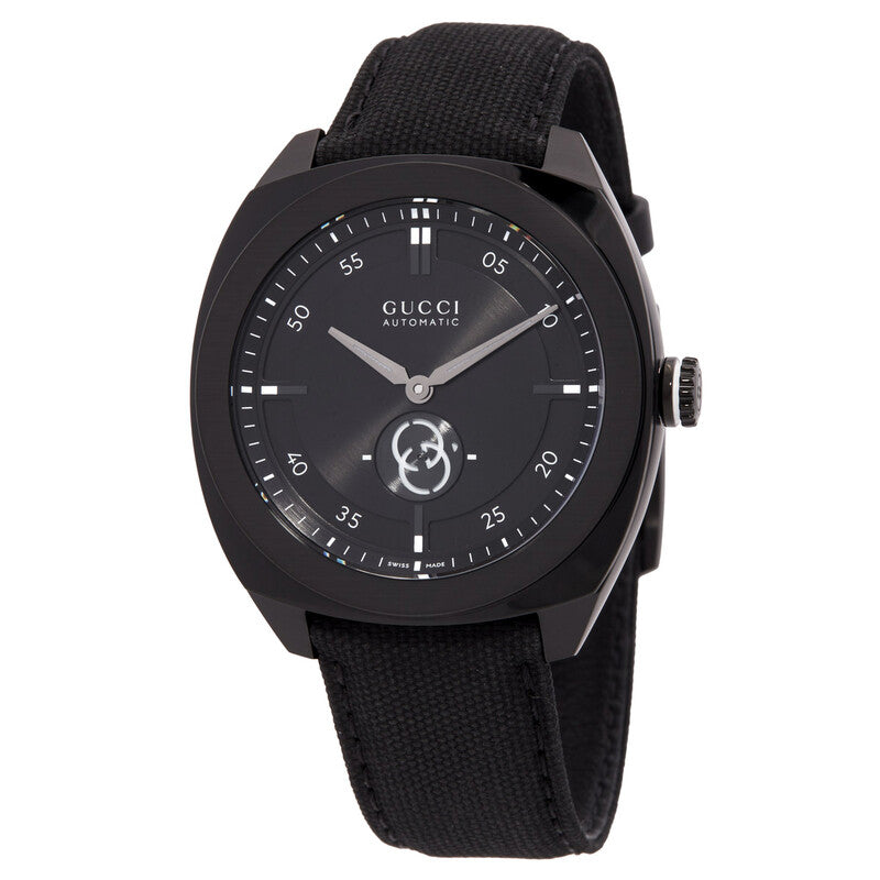 Gucci Interlocking G automatic watch with black dial, GG logo subdial, and black rubber strap
