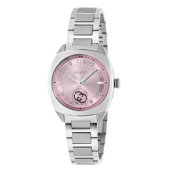 Gucci Interlocking ladies watch with pink dial and stainless steel bracelet, front view