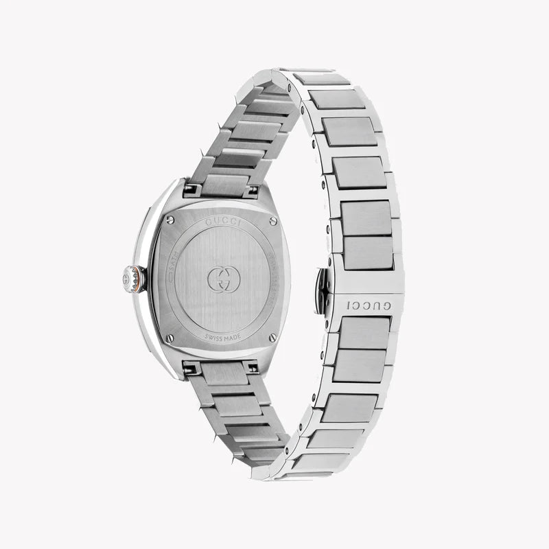 Caseback of Gucci Interlocking watch with engraved GG logo on stainless steel
