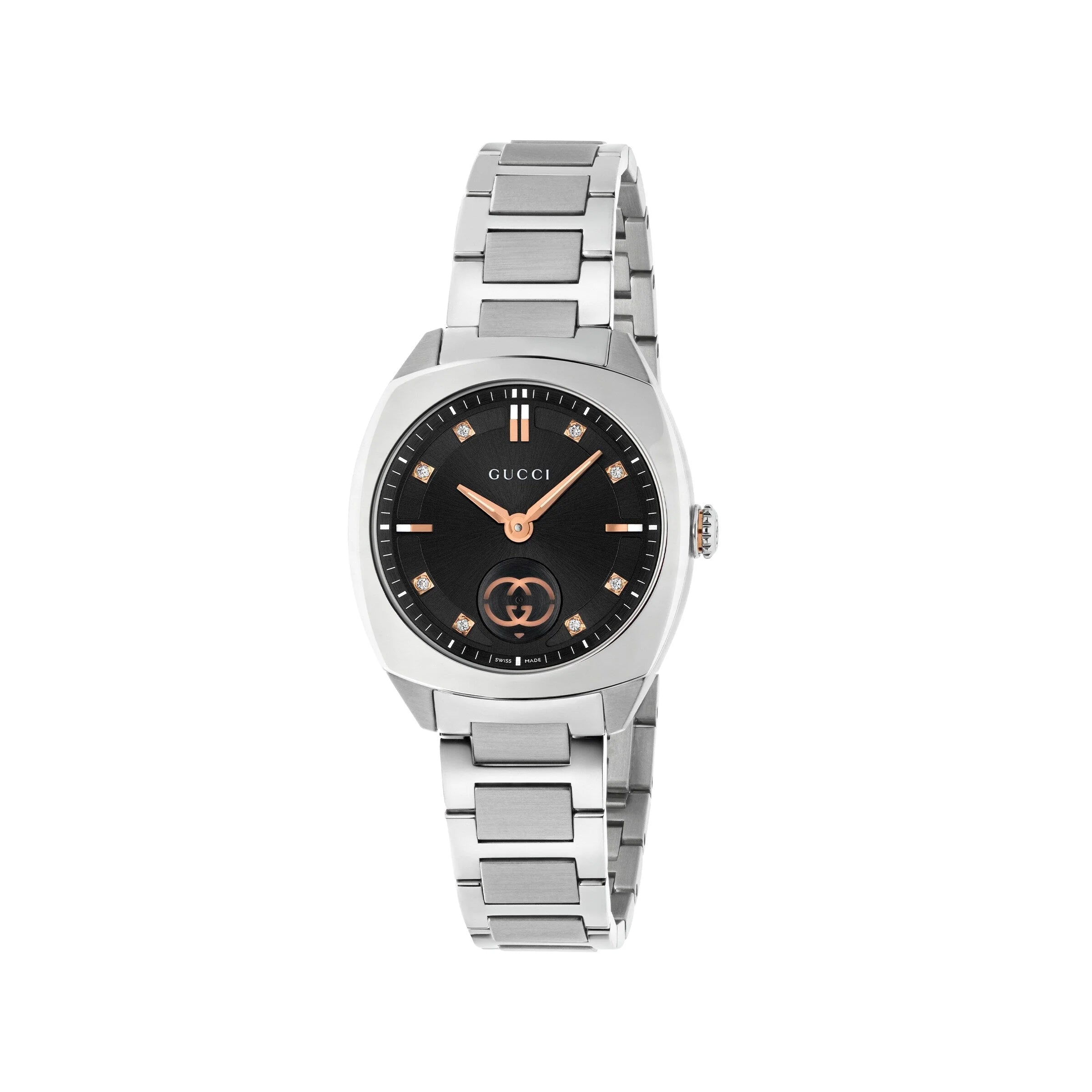 Gucci Interlocking watch with black dial, diamond indices, stainless steel case and bracelet