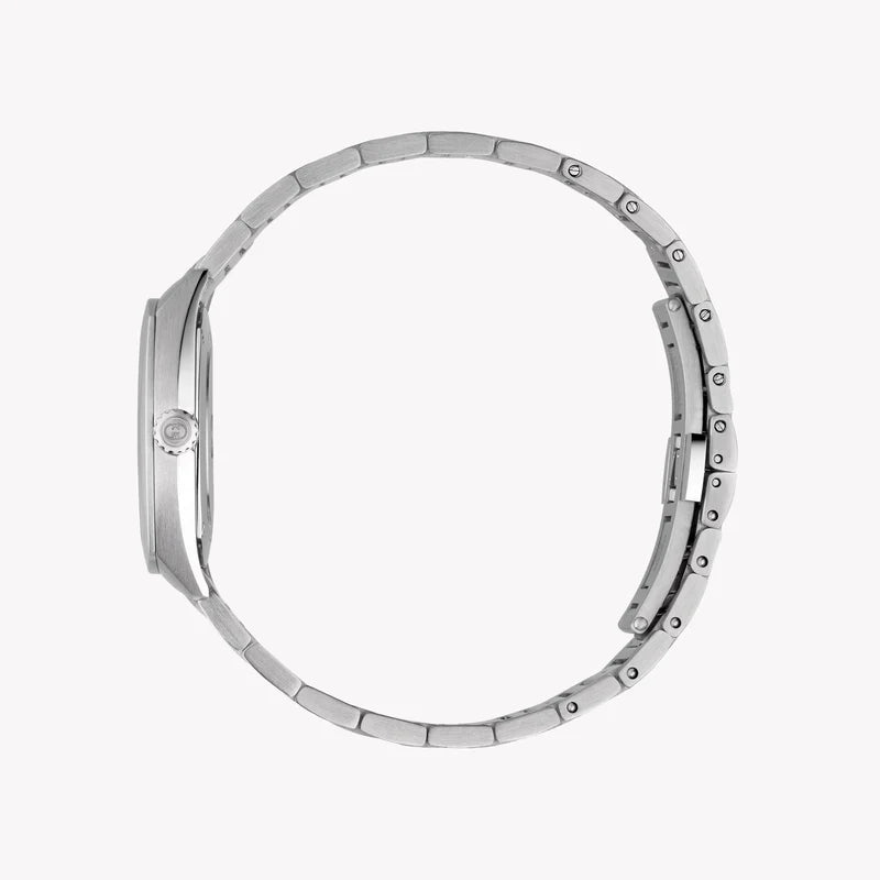 Side view of Gucci Interlocking watch showing stainless steel bracelet and case profile