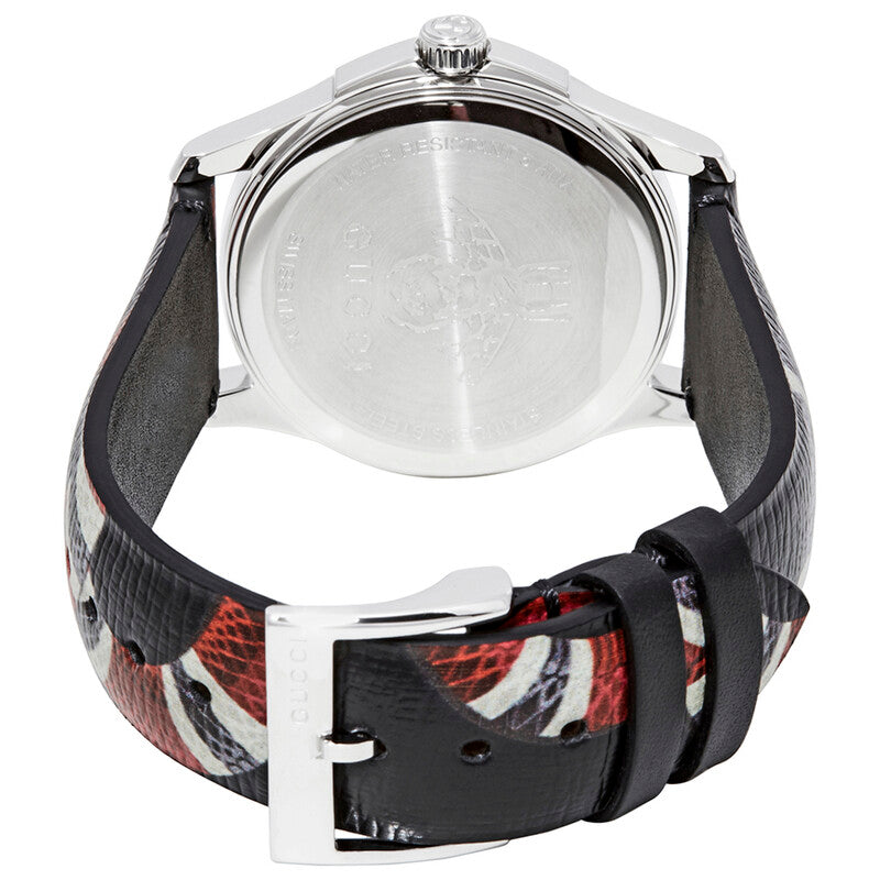 Caseback view of Gucci Le Marche Des Merveilles watch showing stainless steel with patterned leather strap
