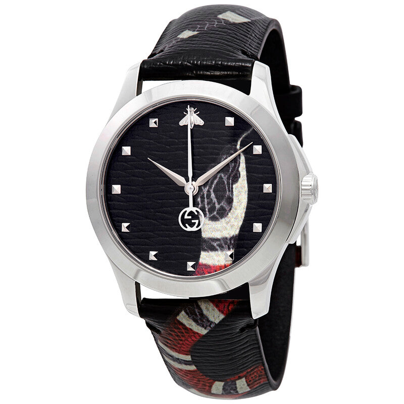 Gucci Le Marche Des Merveilles black dial women's watch with bee design and leather strap