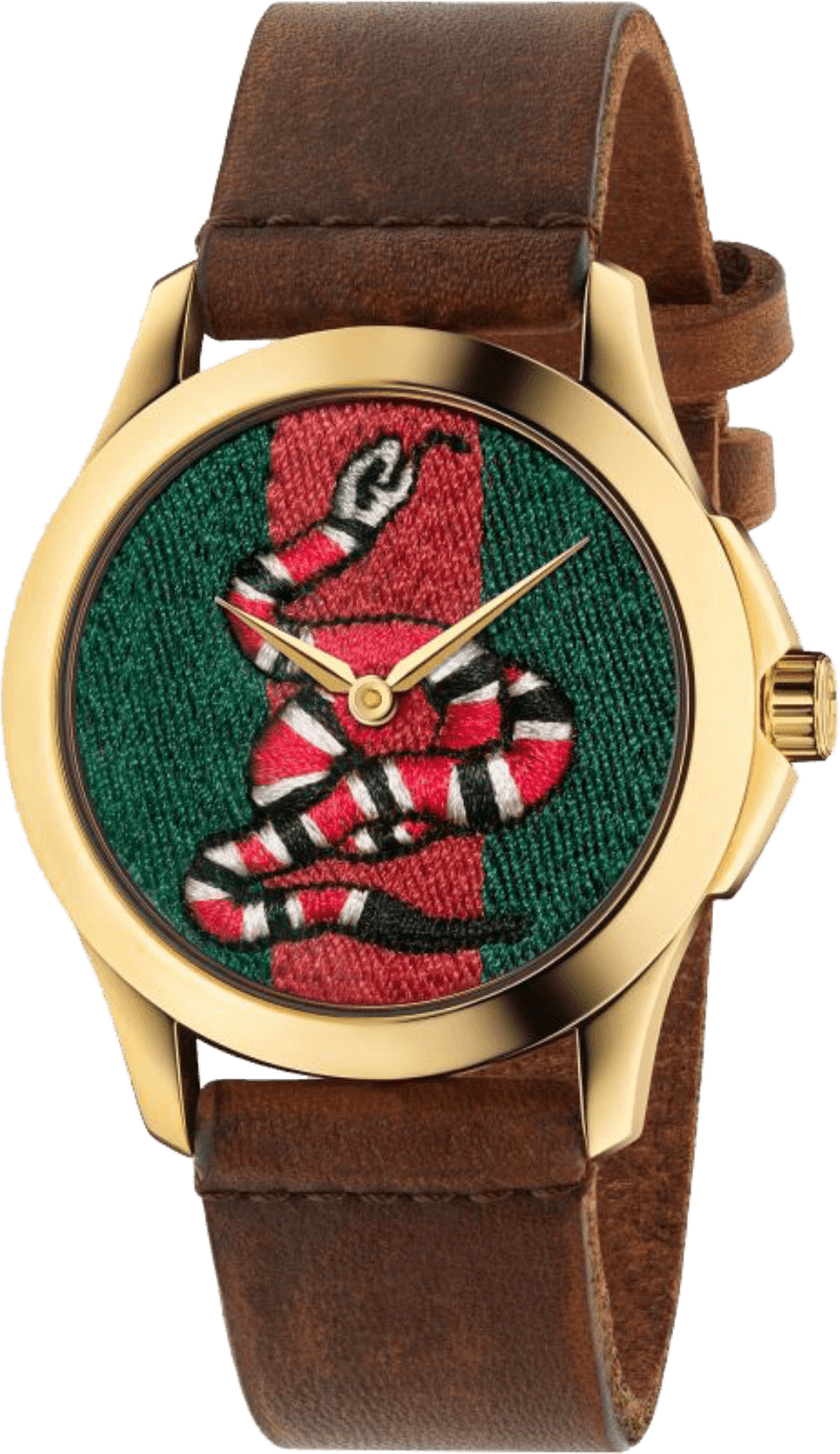 Gucci Le Marche Des Merveilles watch with green and red embroidered snake dial and brown leather strap