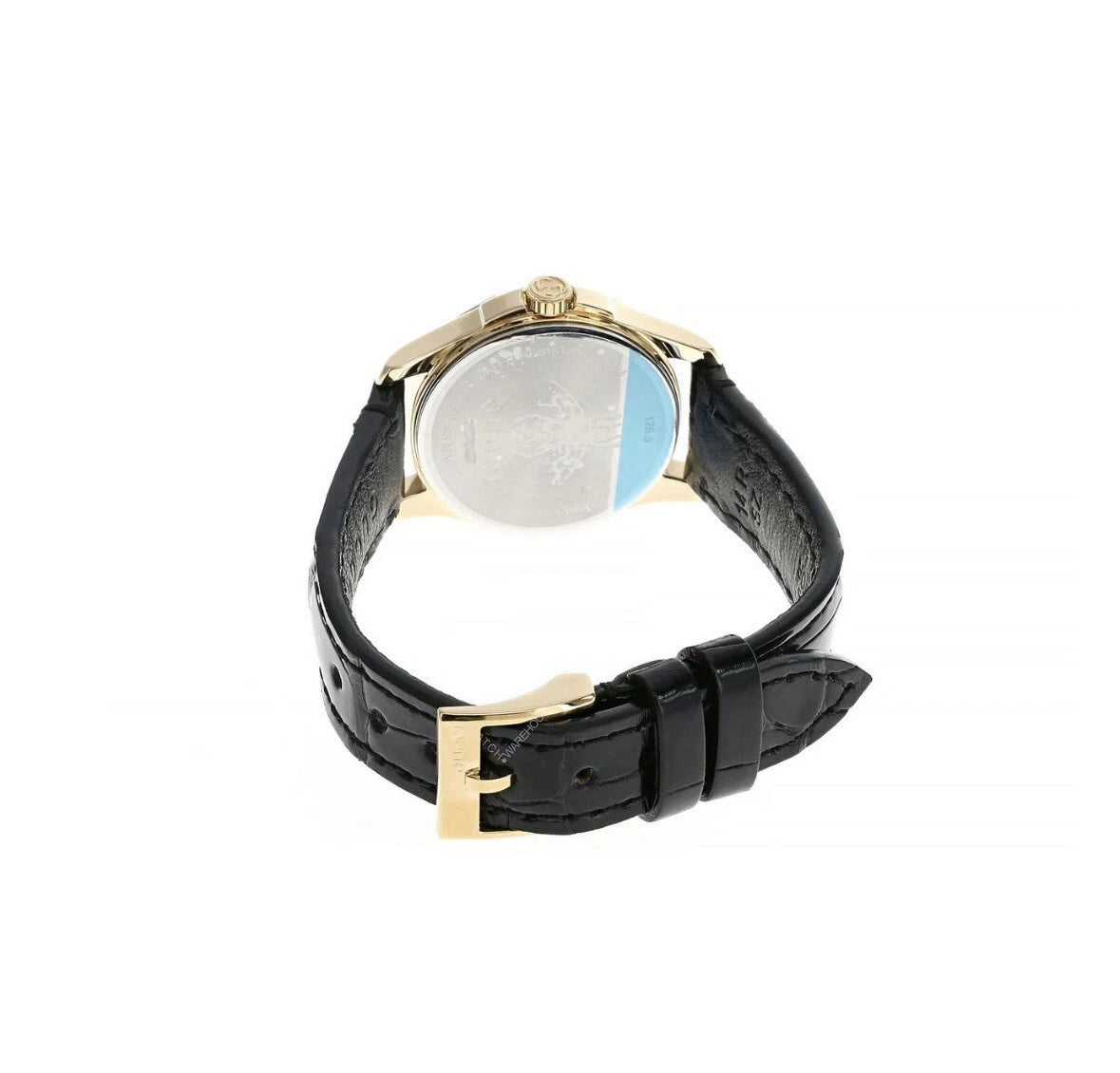 GUCCI Le Marche watch caseback showing gold-tone case and black leather strap