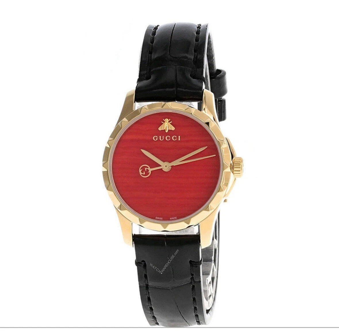 GUCCI Le Marche women's watch with red dial, gold case and black leather strap