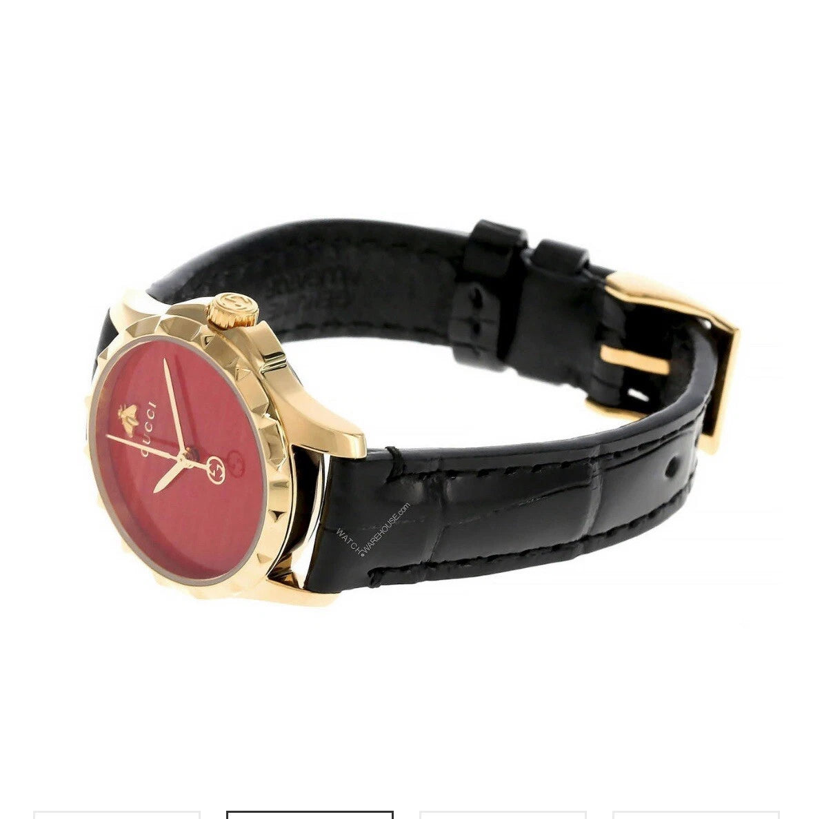 GUCCI Le Marche red dial watch worn on wrist with black alligator leather strap