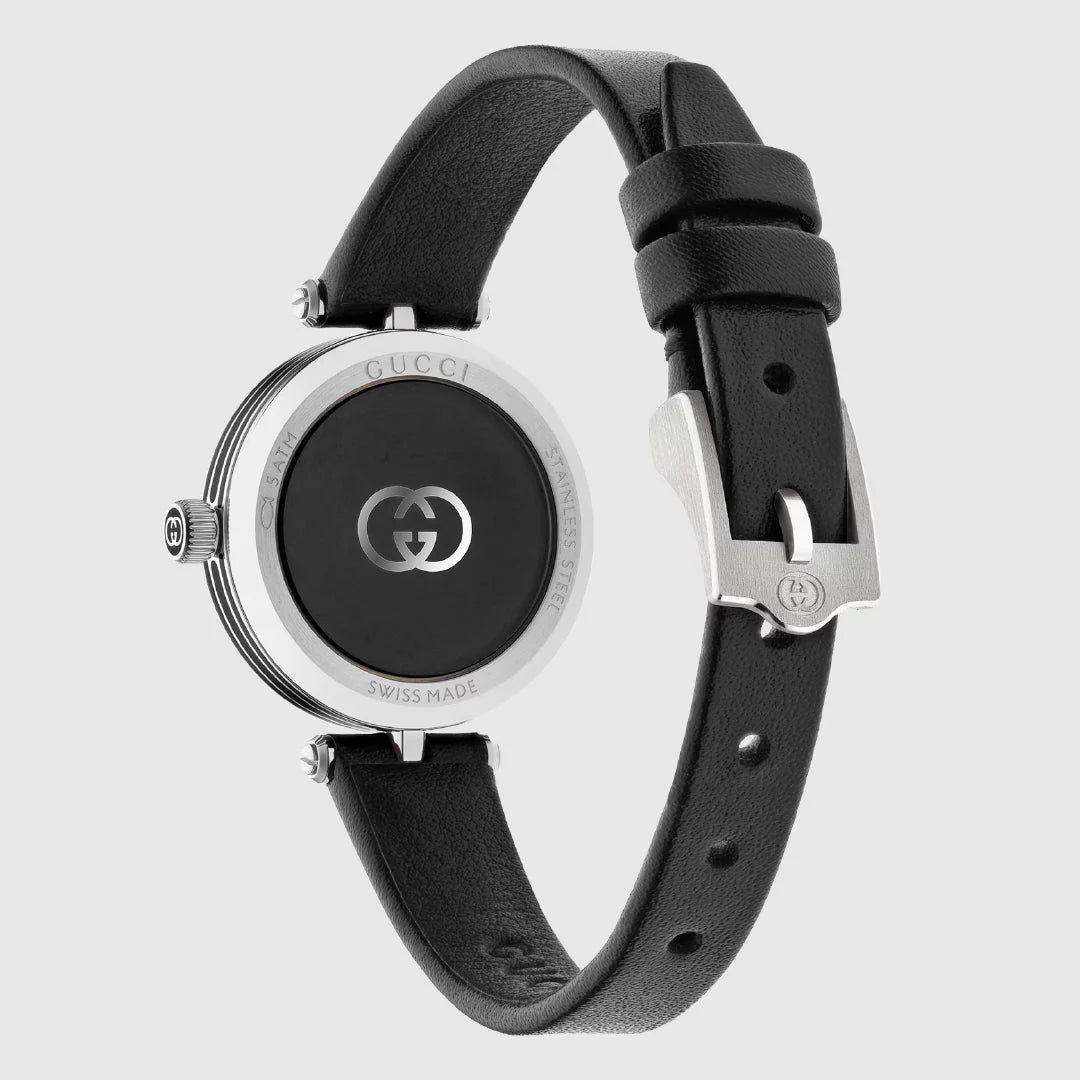 Gucci Model 2000 watch angled view displaying case side, Gucci branding, and black leather strap