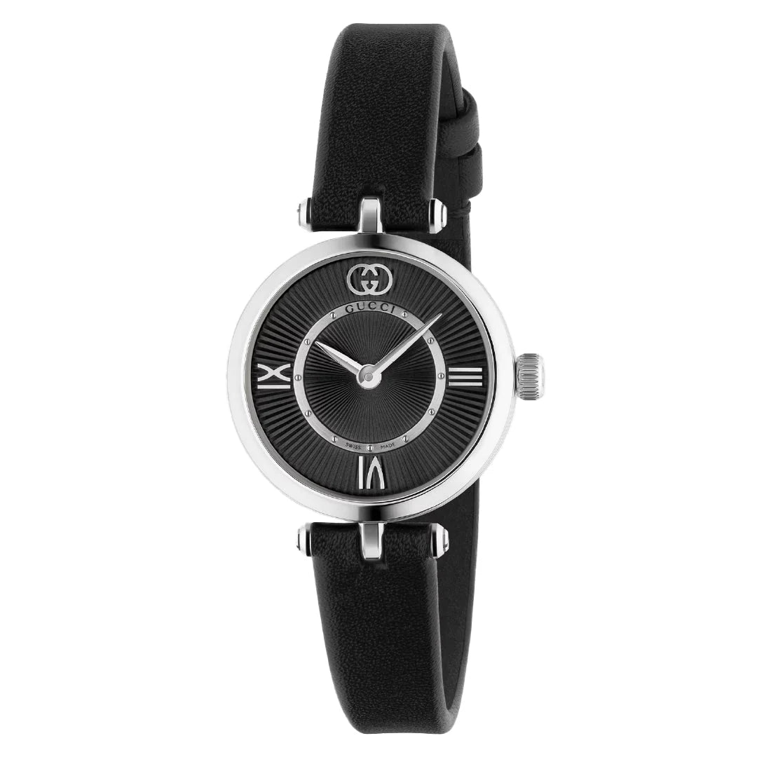 Gucci Model 2000 quartz watch with black dial, white hour markers, and black leather strap