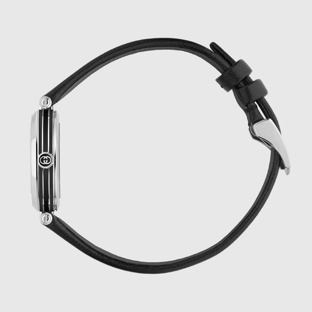 Gucci Model 2000 watch on wrist showing side profile with polished case and black leather strap