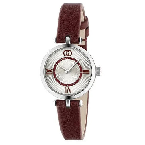 Gucci Model 2000 women's watch with burgundy leather strap and silver-tone case on white background