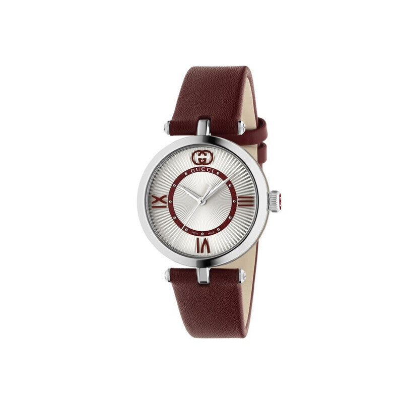 Gucci Model 2000 stainless steel women's watch with silver dial, red leather strap, and GG logo