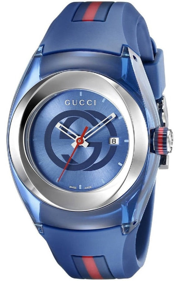 Gucci Sync L blue rubber watch with GG dial and red-green strap accent