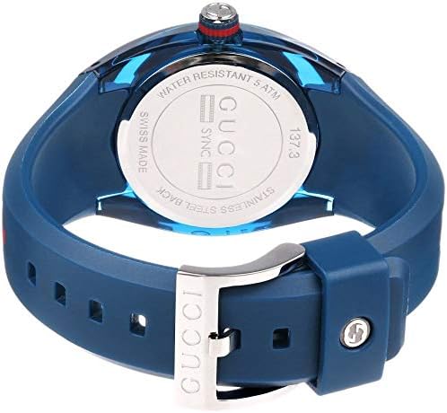 Gucci Sync L watch worn on wrist showing full dial and blue rubber band
