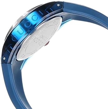 Side angle view showing blue case profile and blue rubber strap