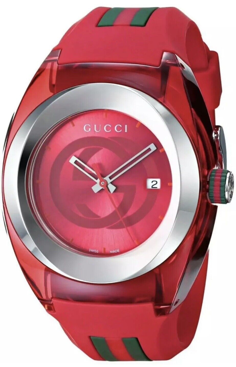 Gucci Sync XXL red rubber band watch with red dial and silver bezel