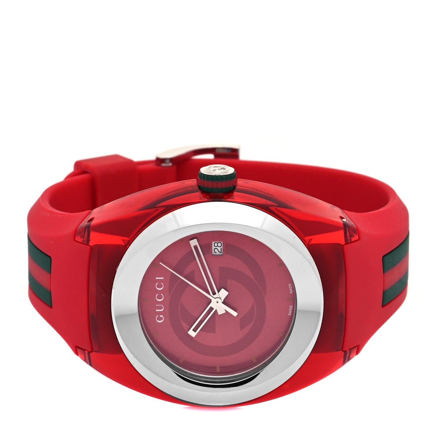 Gucci Sync XXL red watch displayed flat showing full strap and dial