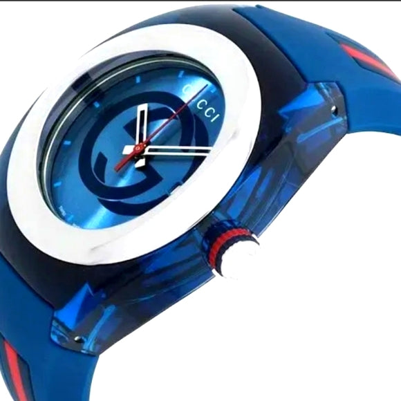 Gucci Sync XXL watch side angle showing blue case profile and dial detail