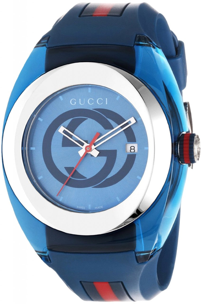 Gucci Sync XXL watch angled view showing blue case and striped strap