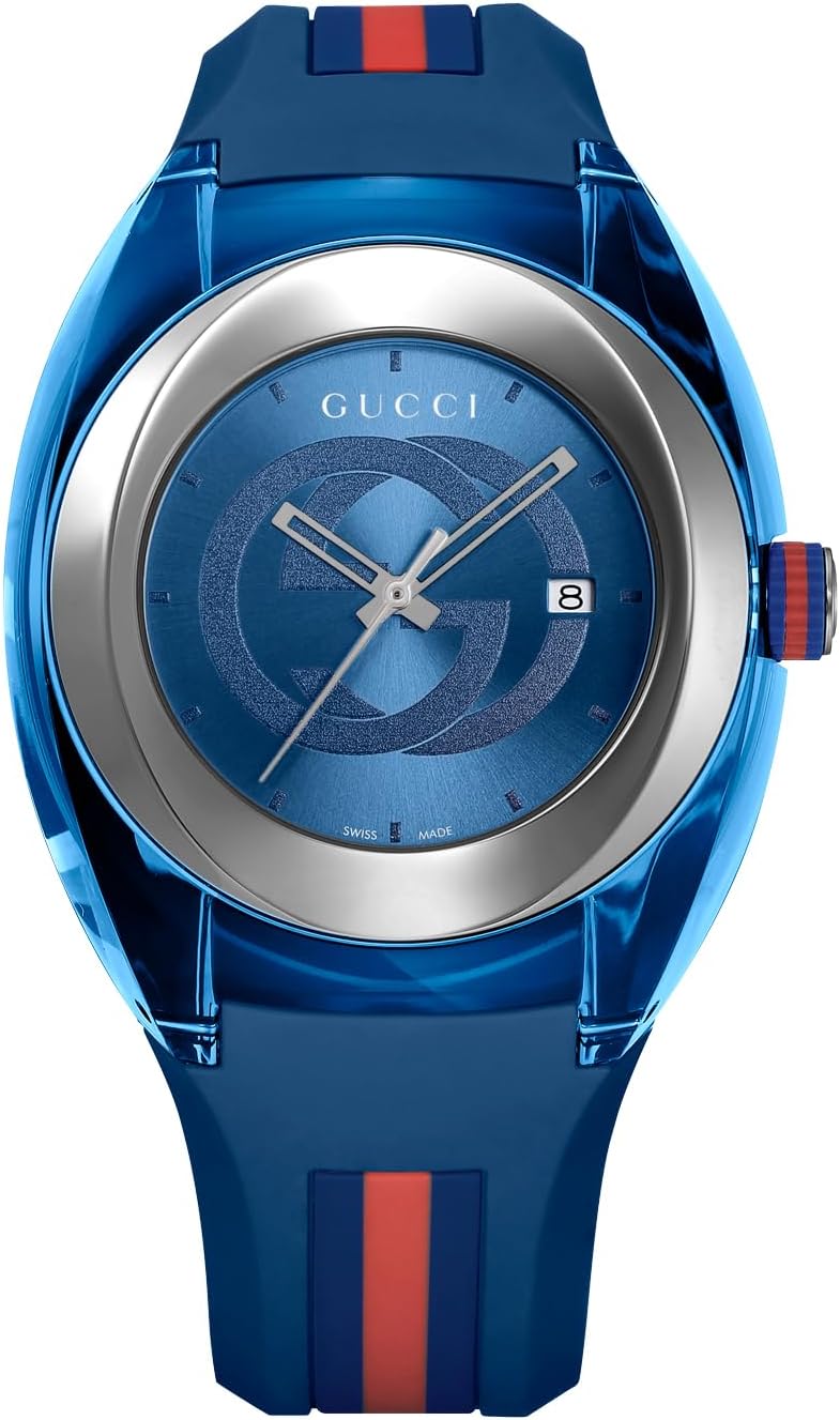 Gucci Sync XXL watch with blue dial and blue red striped rubber strap