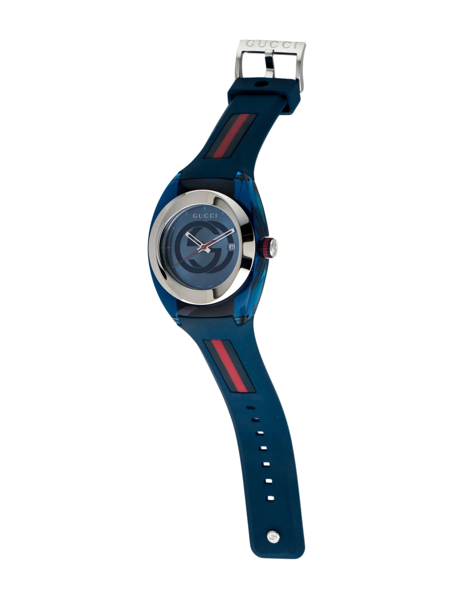 Gucci Sync XXL watch on wrist showing full view with blue strap and red accent stripe