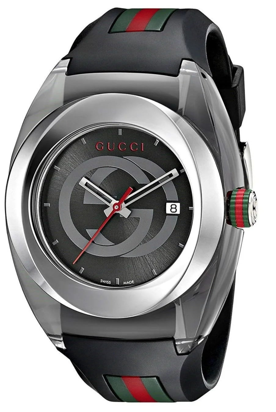 Gucci Sync watch with stainless steel case, black dial with circular design, red hands, and black rubber strap with red stripe