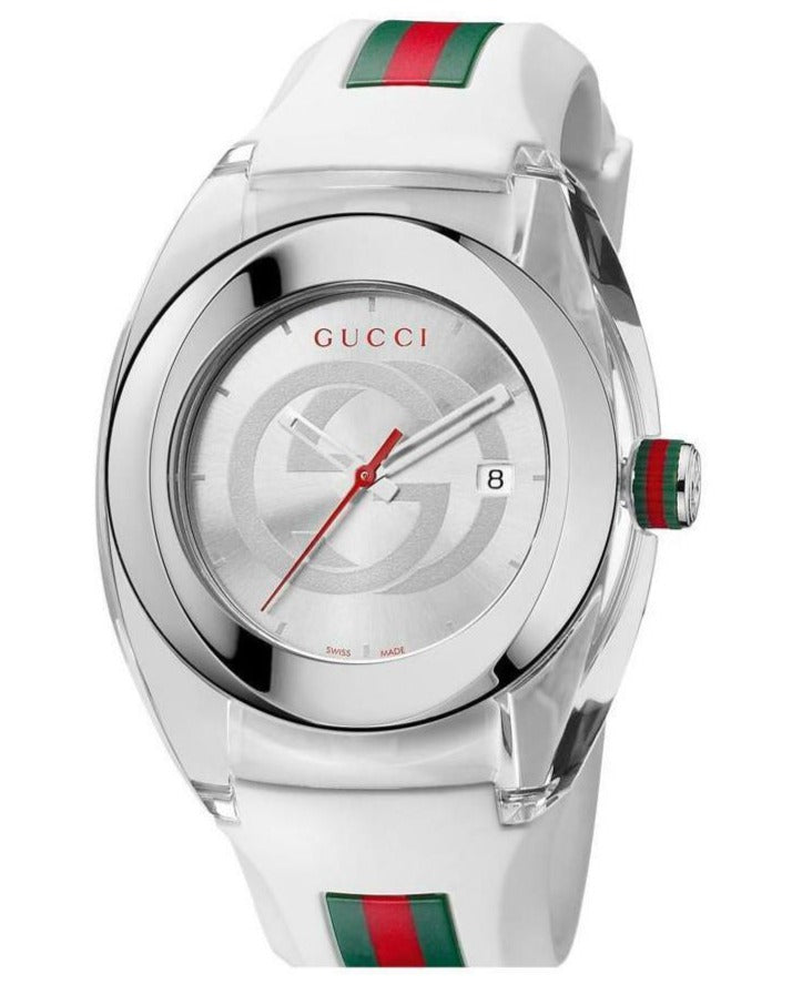 Gucci Sync white dial watch with GG logo, date window, red hands, Gucci stripe rubber strap