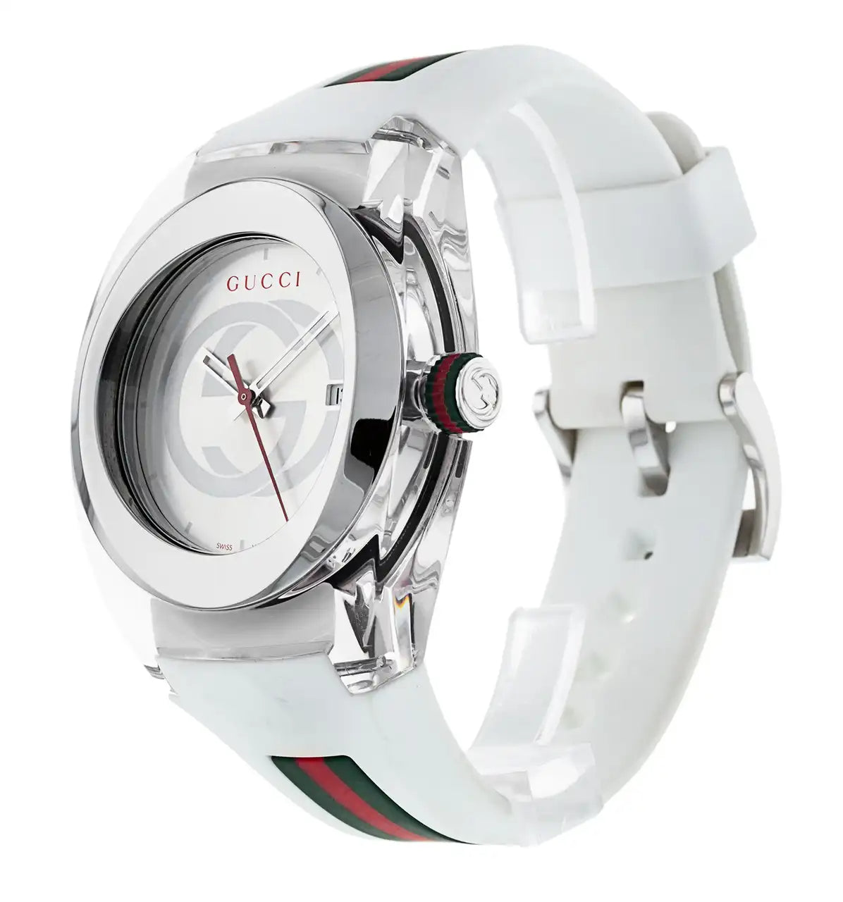 Gucci Sync watch on wrist showing white rubber strap with red and green Gucci stripe
