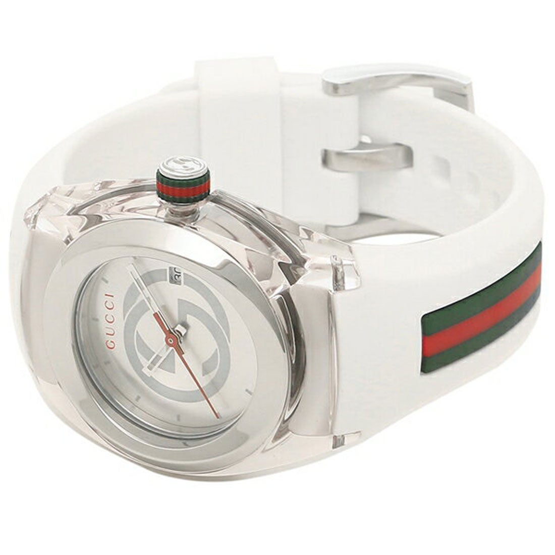 Gucci Sync watch angled view showing white rubber strap with red-green stripe and crown detail