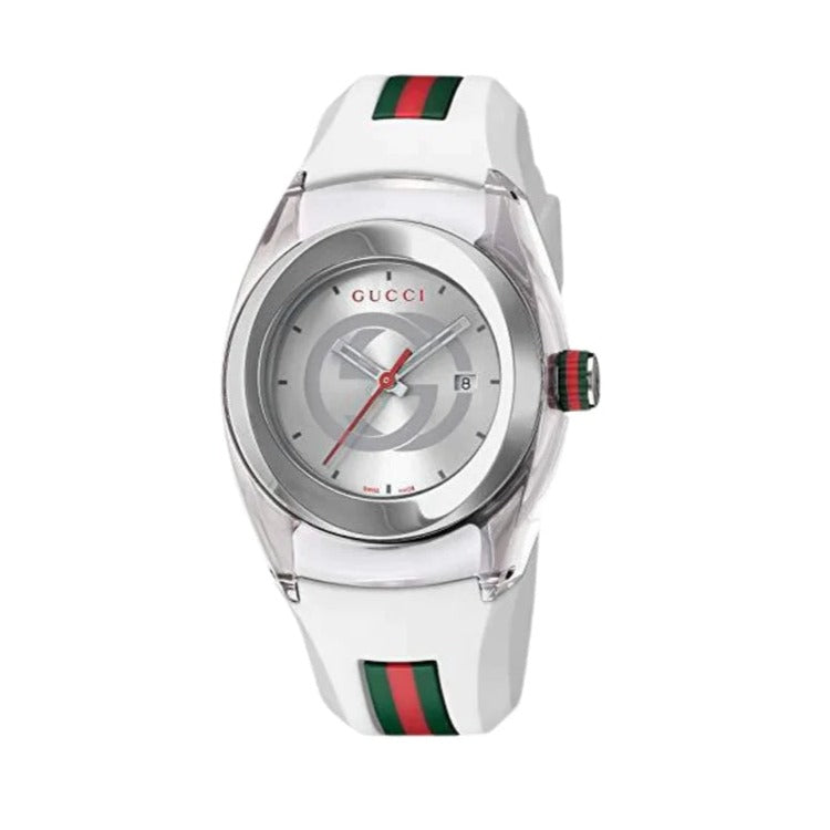 Gucci Sync unisex watch with white dial, stainless steel case, and white rubber strap with red-green stripe