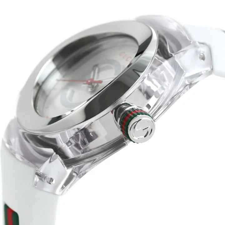 Gucci Sync watch side view displaying stainless steel case profile and white rubber strap