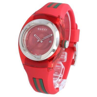 Gucci Sync ladies watch angled view showing red case, dial, and strap with stripes