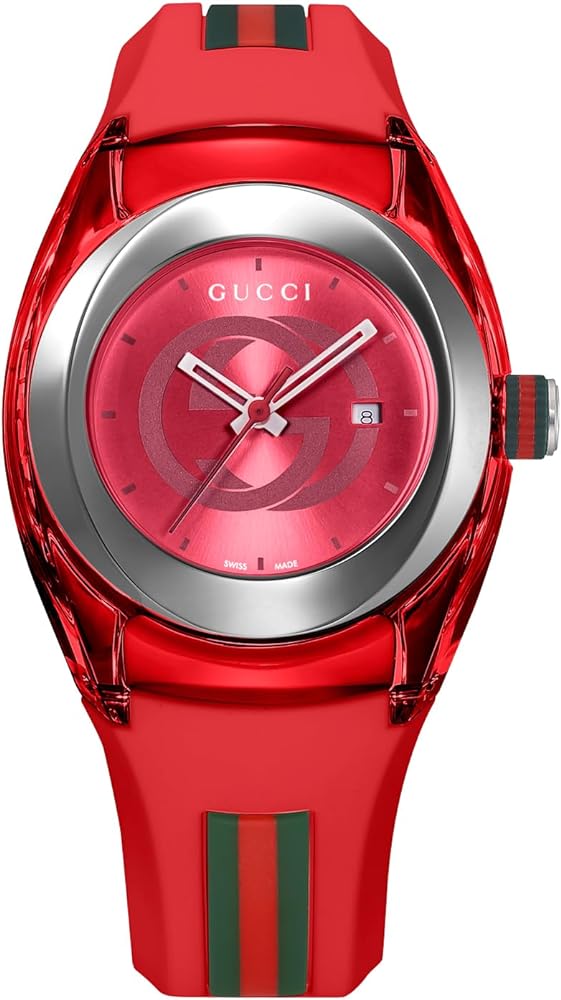 Gucci Sync red dial ladies watch with red silicone strap and green-black stripes