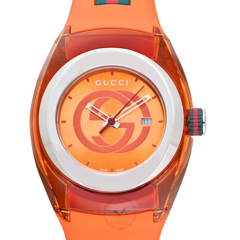 Gucci Sync watch with white dial, orange case, and GG logo, front view