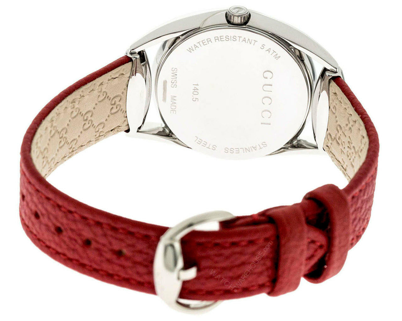 Gucci Twirl watch caseback view with red leather strap and stainless steel buckle closure