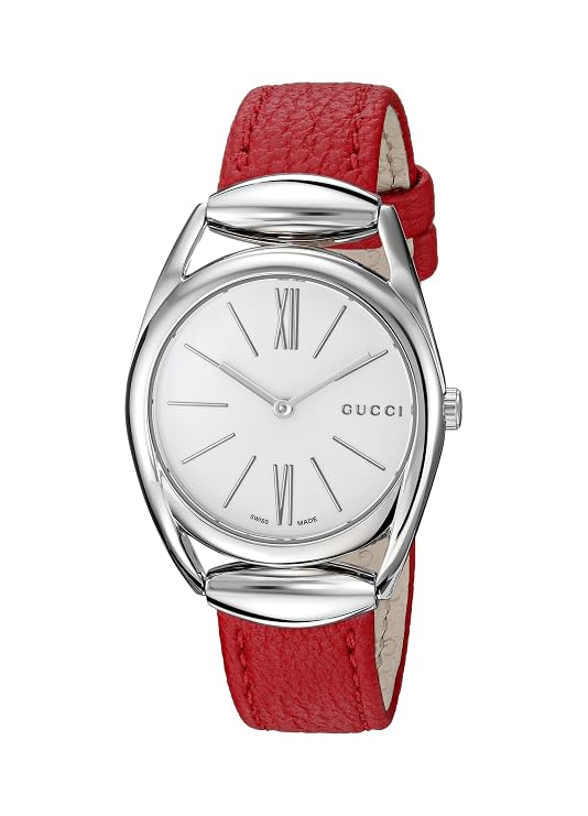 Gucci Twirl ladies watch with white dial, Roman numerals, stainless steel case and red leather strap
