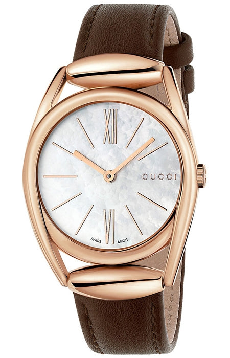 Gucci Twirl rose gold ladies watch with diamond pave white dial and brown leather strap