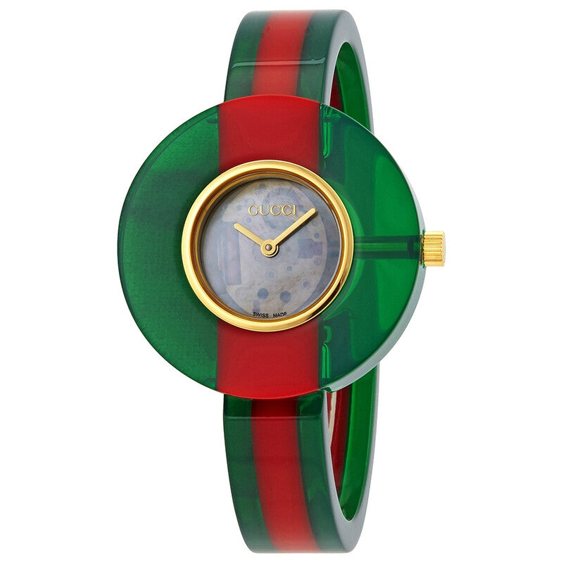 Gucci Vintage Web ladies watch with cream mother of pearl dial, gold bezel, and red-green striped resin strap