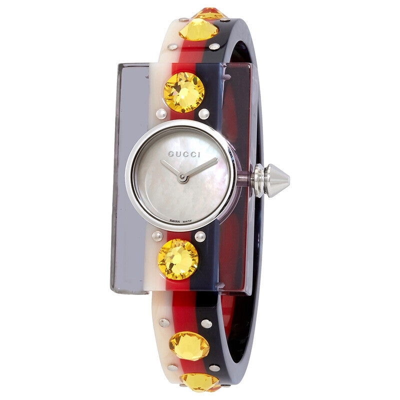 Gucci Vintage Web watch with mother of pearl dial and colorful web strap with yellow crystals