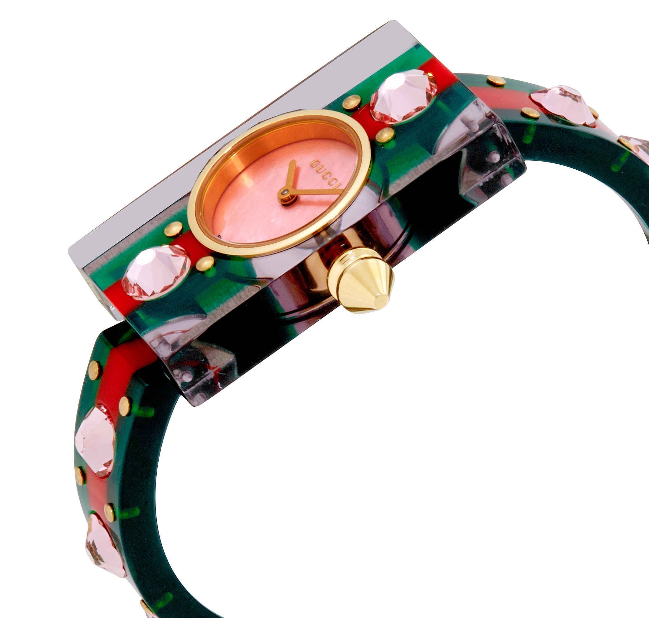 Side view of Gucci Vintage Web watch showing gold case, pink dial, and multicolor crystal-embellished strap