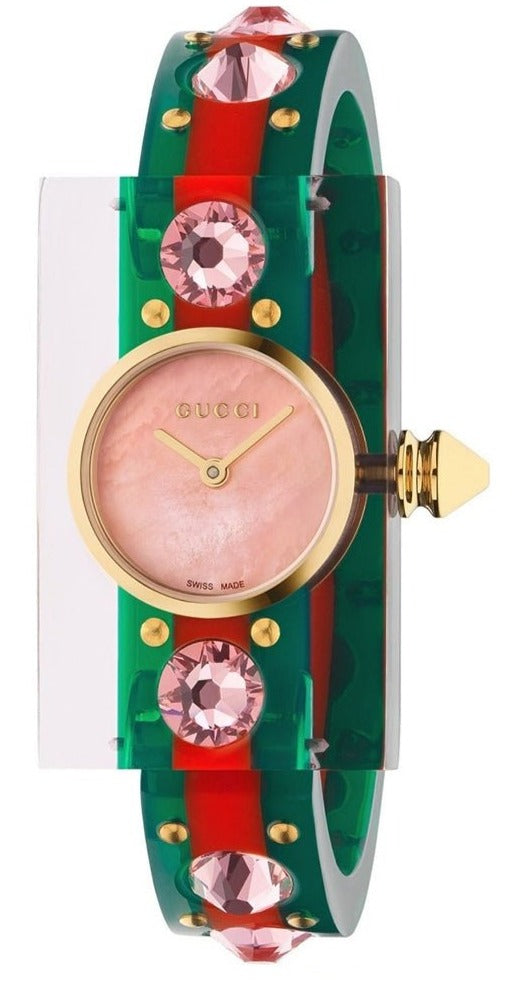 Gucci Vintage Web watch with pink mother of pearl dial and colorful web strap with crystals