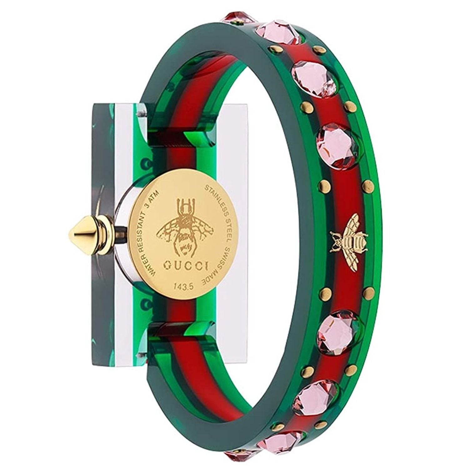 Gucci Vintage Web watch from the side displaying full strap with green, red, pink web pattern and rhinestone details